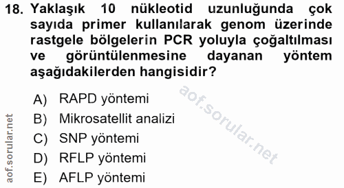 18. soru: Yaklaşık 10 nükleotid uzunluğunda çok sayıda primer kullanılarak genom üzerinde rastgele bölgelerin PCR yoluyla çoğal…