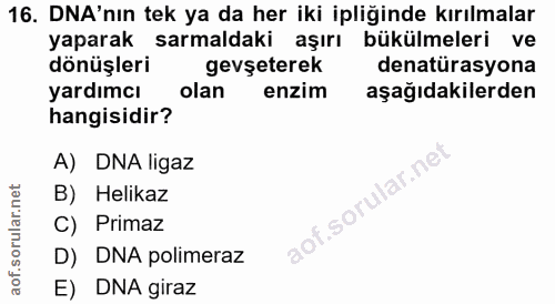 16. soru: DNA'nın tek ya da her iki ipliğinde kırılmalar yaparak sarmaldaki aşırı bükülmeleri ve dönüşleri gevşeterek denatüras…