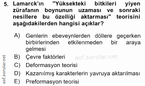5. soru: Lamarck'ın "Yüksekteki bitkileri yiyen zürafanın boynunun uzaması ve sonraki nesillere bu özelliği aktarması" teorisi…