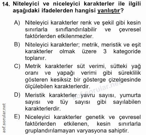14. soru: Niteleyici ve niceleyici karakterler ile ilgili aşağıdaki ifadelerden hangisi yanlıştır? A) Niteleyici karakterler re…