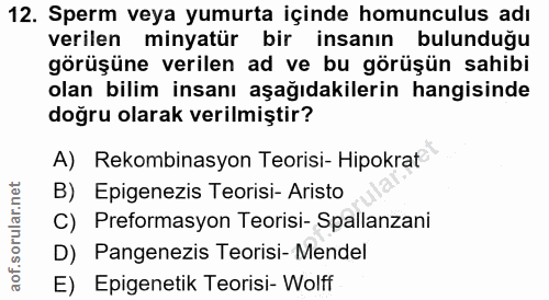 12. soru: Sperm veya yumurta içinde homunculus adı verilen minyatür bir insanın bulundugu görüşüne verilen ad ve bu görüşün sah…