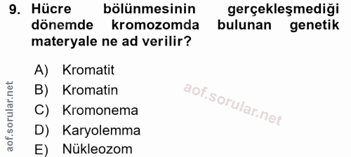 9. soru: Hücre bölünmesinin gerçekleşmediği dönemde kromozomda bulunan genetik materyale ne ad verilir? A) Kromatit B) Kromati…