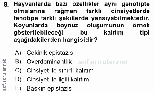 8. soru: Hayvanlarda bazı özellikler aynı genotipte olmalarına rağmen farklı cinsiyetlerde fenotipe farklı şekillerde yansıyab…