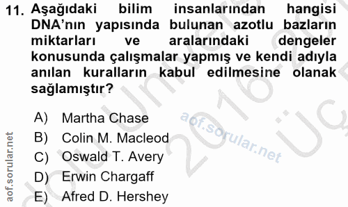 11. soru: Aşağıdaki bilim insanlarından hangisi DNA'nın yapısında bulunan azotlu bazların miktarları ve aralarındaki dengeler k…