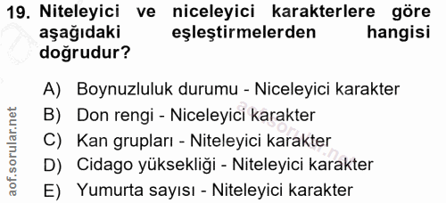19. soru: Niteleyici ve niceleyici karakterlere göre aşağıdaki eşleştirmelerden hangisi doğrudur? A) Boynuzluluk durumu - Nicel…