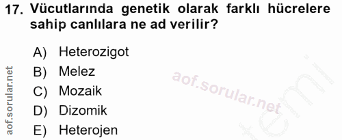 17. soru: Vücutlarında genetik olarak farklı hücrelere sahip canlilara ne ad verilir? A) Heterozigot B) Melez j C) Mozaik D) Di…
