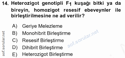 14. soru: Heterozigot genotipli F1 kuşağı bitki ya da bireyin, homozigot resesif ebeveynler ile birleştirilmesine ne ad verilir…