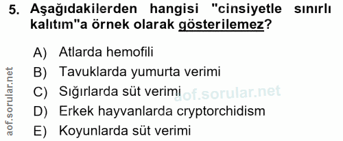5. soru: Aşağıdakilerden hangisi "cinsiyetle sınırlı kalıtım"a örnek olarak gösterilemez? A) Atlarda hemofili B) Tavuklarda yu…