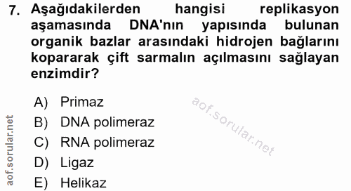 7. soru: Aşağıdakilerden hangisi replikasyon aşamasında DNA'nin yapisında bulunan organik bazlar arasındaki hidrojen bağlarını…