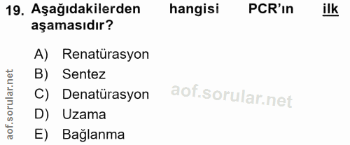 19. soru: Aşağıdakilerden hangisi PCR'In ilk aşamasıdır? A) Renatürasyon rular.net B) Sentez C) Denatürasyon D) Uzama aof. E) B…