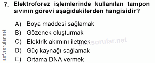 7. soru: Elektroforez işlemlerinde kullanılan tampon sıvının görevi aşağıdakilerden hangisidir? A) Boya maddesi sağlamak B) Gö…