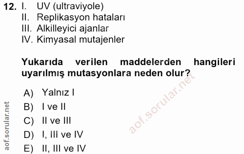 12. soru: l. UV (ultraviyole) II. Replikasyon hataları IlI. Alkilleyici ajanlar IV. Kimyasal mutajenler Yukarıda verilen maddel…