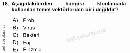 18. soru: Aşağıdakilerden hangisi klonlamada kullanılan temel vektörlerden biri değildir? A) Prob B) Virus C) Bakteri D) Faj E)…