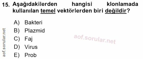 15. soru: Aşağıdakilerden hangisi klonlamada kullanılan temel vektörlerden biri değildir? A) Bakteri B) Plazmid C) Faj D) Virus…