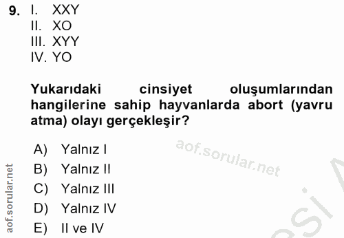 9. soru: I. XXY II. XO III. XYY IV. YO Yukarıdaki cinsiyet oluşumlarından hangilerine sahip hayvanlarda abort (yavru atma) ola…