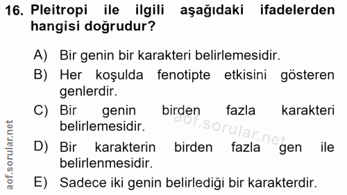 16. soru: Pleitropi ile ilgili aşağıdaki ifadelerden hangisi dogrudur? A) Bir genin bir karakteri belirlemesidir. B) Her koşuld…