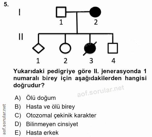 5. soru: 1 2 1 2 3 4 Yukarıdaki pedigriye göre Il. jenerasyonda 1 numaralı birey için aşağıdakilerden hangisi doğrudur? A) Olü…