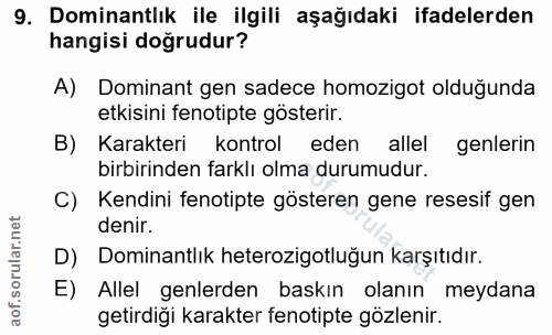 9. soru: Dominantlık ile ilgili aşağıdaki ifadelerden hangisi doğrudur? A) Dominant gen sadece homozigot olduğunda etkisini fe…