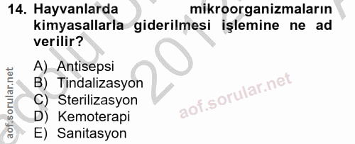 14. soru: Hayvanlarda mikroorganizmaların kimyasallarla giderilmesi işlemine ne ad verilir? A) Antisepsi B) Tindalizasyon C) St…