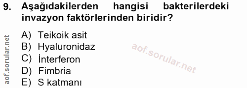 9. soru: Aşağıdakilerden hangisi bakterilerdeki invazyon faktörlerinden biridir? A) Teikoik asit B) Hyaluronidaz C) Interferon…