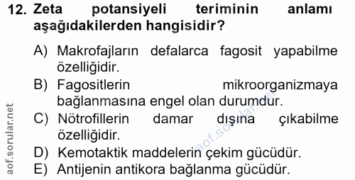 12. soru: Zeta potansiyeli teriminin anlamı aşağıdakilerden hangisidir? A) Makrofajların defalarca fagosit yapabilme özelliğidi…