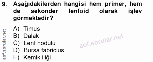 9. soru: Aşağıdakilerden hangisi hem primer, hem de sekonder lenfoid olarak işlev görmektedir? A) Timus B) Dalak C) Lenf nodül…