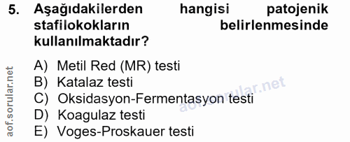 5. soru: Aşağıdakilerden hangisi patojenik stafilokokların belirlenmesinde kullanılmaktadır? A) Metil Red (MR) testi B) Katala…