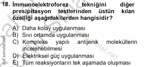 18. soru: Immunoelektroforez teknigini diger presipitasyon testlerinden üstün kılan özelliği aşağıdakilerden hangisidir? A) Dah…