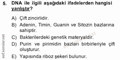 5. soru: DNA ile ilgili aşağıdaki ifadelerden hangisi yanlıştır? A) Çift zincirlidir. B) Adenin, Timin, Guanin ve Sitozin bazl…