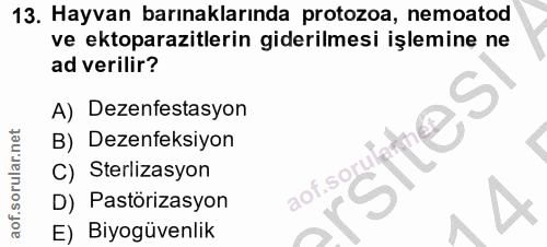 13. soru: Hayvan barınaklarında protozoa, nemoatod ve ektoparazitlerin giderilmesi işlemine ne ad verilir? A) Dezenfestasyon B)…