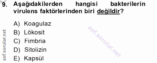 9. soru: Aşağıdakilerden hangisi bakterilerin virulens faktörlerinden biri değildir? A) Koagulaz B) Lökosit C) Fimbria D) Sito…