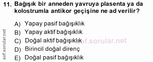 11. soru: Bağışık bir anneden yavruya plasenta ya da kolostrumla antikor geçişine ne ad verilir? A) Yapay pasif bağışıklık B) Y…