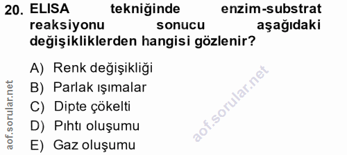 20. soru: ELISA tekniğinde enzim-substrat reaksiyonu sonucu aşağıdaki değişikliklerden hangisi gözlenir? A) Renk değişikliği B)…