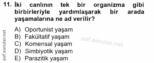 11. soru: İki canlının tek bir organizma gibi birbirleriyle yardımlaşarak bir arada yaşamalarına ne ad verilir? A) Oportunist y…