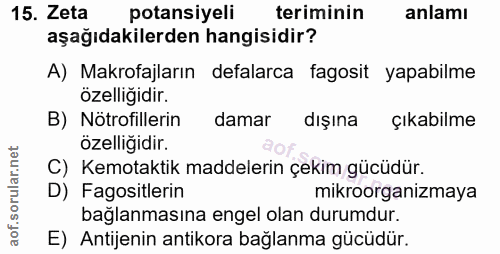 15. soru: Zeta potansiyeli teriminin anlamı aşağıdakilerden hangisidir? A) Makrofajların defalarca fagosit yapabilme özelliğidi…