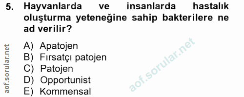 5. soru: Hayvanlarda ve insanlarda hastalık oluşturma yeteneğine sahip bakterilere ne ad verilir? A) Apatojen B) Fırsatçı pato…