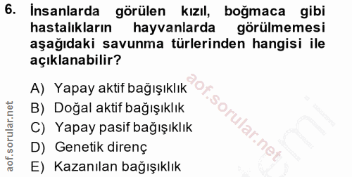 6. soru: Insanlarda görülen kızil, bogmaca gibi hastalıkların hayvanlarda görülmemesi aşağıdaki savunma türlerinden hangisi il…
