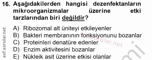 16. soru: Aşağıdakilerden hangisi dezenfektanların mikroorganizmalar üzerine etki tarzlarından biri değildir? A) Ribozomal alt…