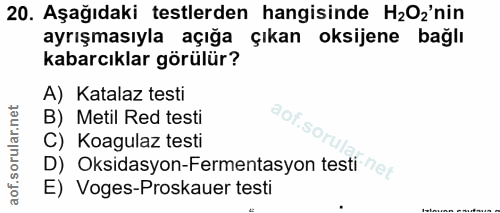 20. soru: Aşağıdaki testlerden hangisinde H2Oz'nin ayrışmasıyla açığa çıkan oksijene bağlı kabarcıklar görülür? A) Katalaz test…