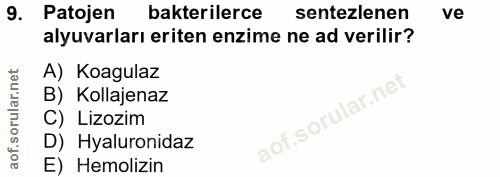 9. soru: Patojen bakterilerce sentezlenen ve alyuvarları eriten enzime ne ad verilir? A) Koagulaz B) Kollajenaz C) Lizozim D)…