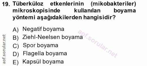 19. soru: Tüberküloz etkenlerinin (mikobakteriler) mikroskopsinde kullanılan boyama yöntemi aşağıdakilerden hangisidir? A) Nega…