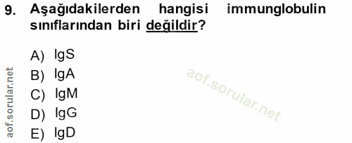 9. soru: Aşağıdakilerden hangisi immunglobulin sinıflarından biri değildir? A) lgs B) gA C) gM D) IgG E) IgD