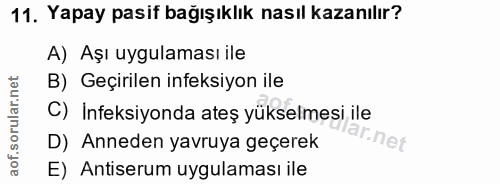 11. soru: Yapay pasif bağışıklık nasıl kazanılır? A) Aşı uygulaması ile B) Geçirilen ineksiyon ile C) Ineksiyonda ateş yükselme…
