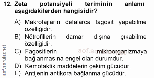 12. soru: Zeta potansiyeli teriminin anlamı aşağıdakilerden hangisidir? A) Makrofajların defalarca fagosit yapabilme özelliğidi…