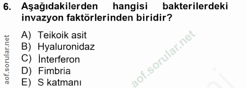6. soru: Aşağıdakilerden hangisi bakterilerdeki invazyon faktörlerinden biridir? A) Teikoik asit B) Hyaluronidaz C) Interferon…