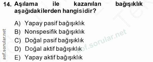 14. soru: Aşılama ile kazanılan bağışıklık aşağıdakilerden hangisidir? A) Yapay pasif bağışıklık B) onspesifik bağışıklık C) Do…