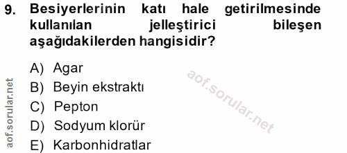 9. soru: Besiyerlerinin katı hale getirilmesinde kullanılan jelleştirici bileşen aşağıdakilerden hangisidir? A) Agar B) Beyin…
