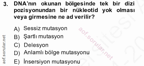 3. soru: DNA'nın okunan bölgesinde tek bir dizi pozisyonundan bir nükleotid yok olması veya girmesine ne ad verilir? A) Sessiz…