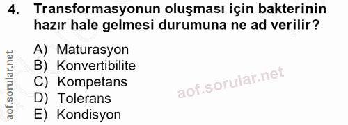 4. soru: Transformasyonun oluşması için bakterinin hazır hale gelmesi durumuna ne ad verilir? A) Maturasyon B). Konvertibilite…