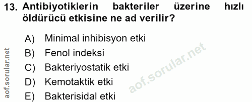 13. soru: Antibiyotiklerin bakteriler üzerine hizlı öldürücü etkisine ne ad verilir? A) Minimal inhibisyon etki B) Fenol indeks…